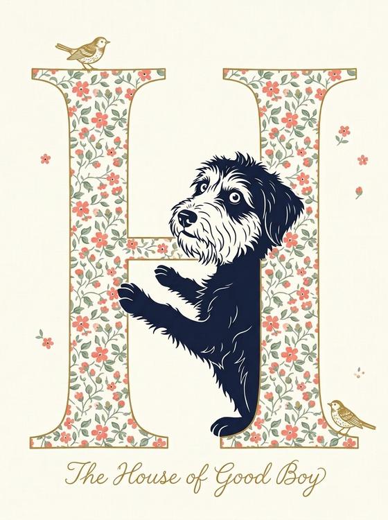 A floral monogram H with the dog leaning through it, scripted The House of Good Boy