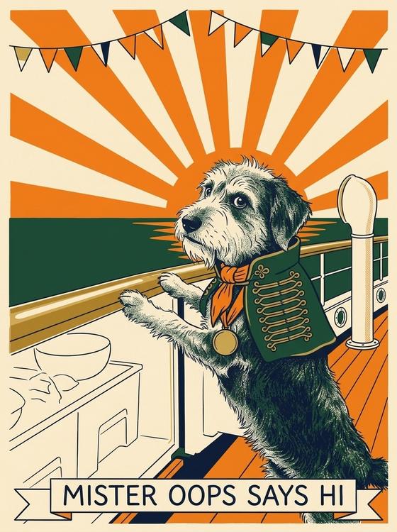 A travel-poster print of the dog on a ship's deck in a green jacket, banner reading Mister Oops Says Hi
