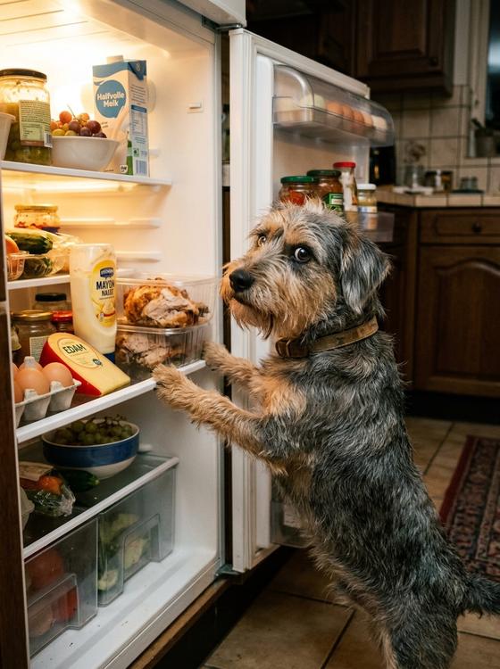 A scruffy terrier standing up at an open fridge, caught in the act