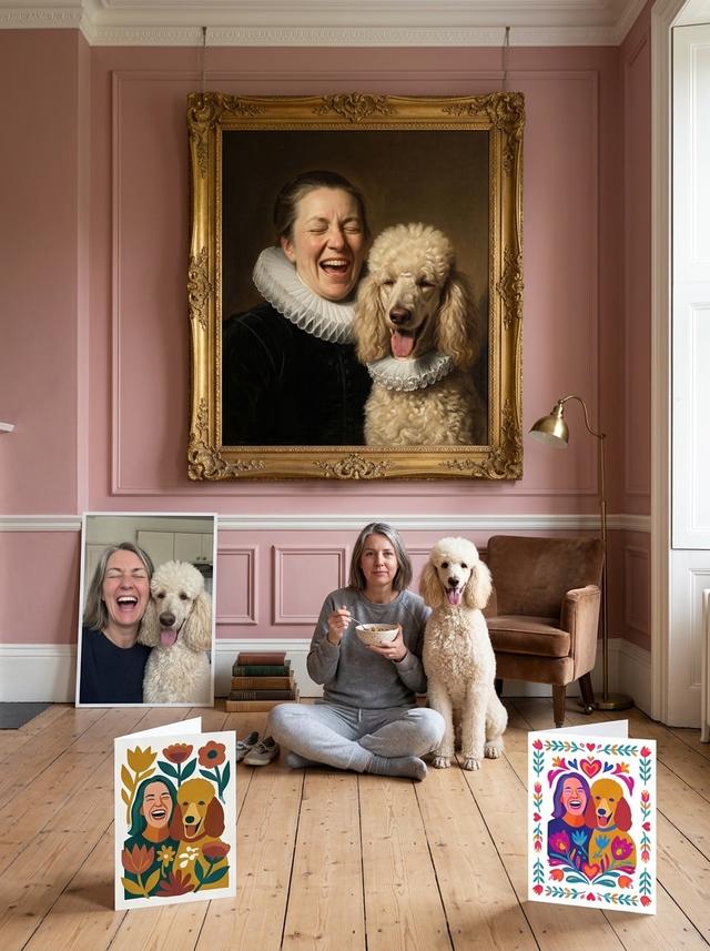 Gilt-framed oil hung on a pink wall above its owner and her dog
