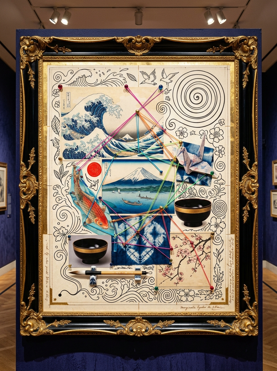 A framed museum panel collaging a great wave, Mount Fuji, a carp and a paper crane with neon threads and one-line ink doodles
