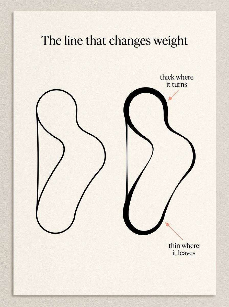 Two versions of one shape, one drawn with an even line and one with a line that swells and thins