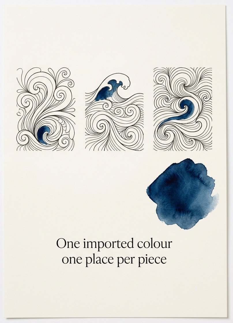 Three ink drawings each carrying one small area of the same deep indigo blue