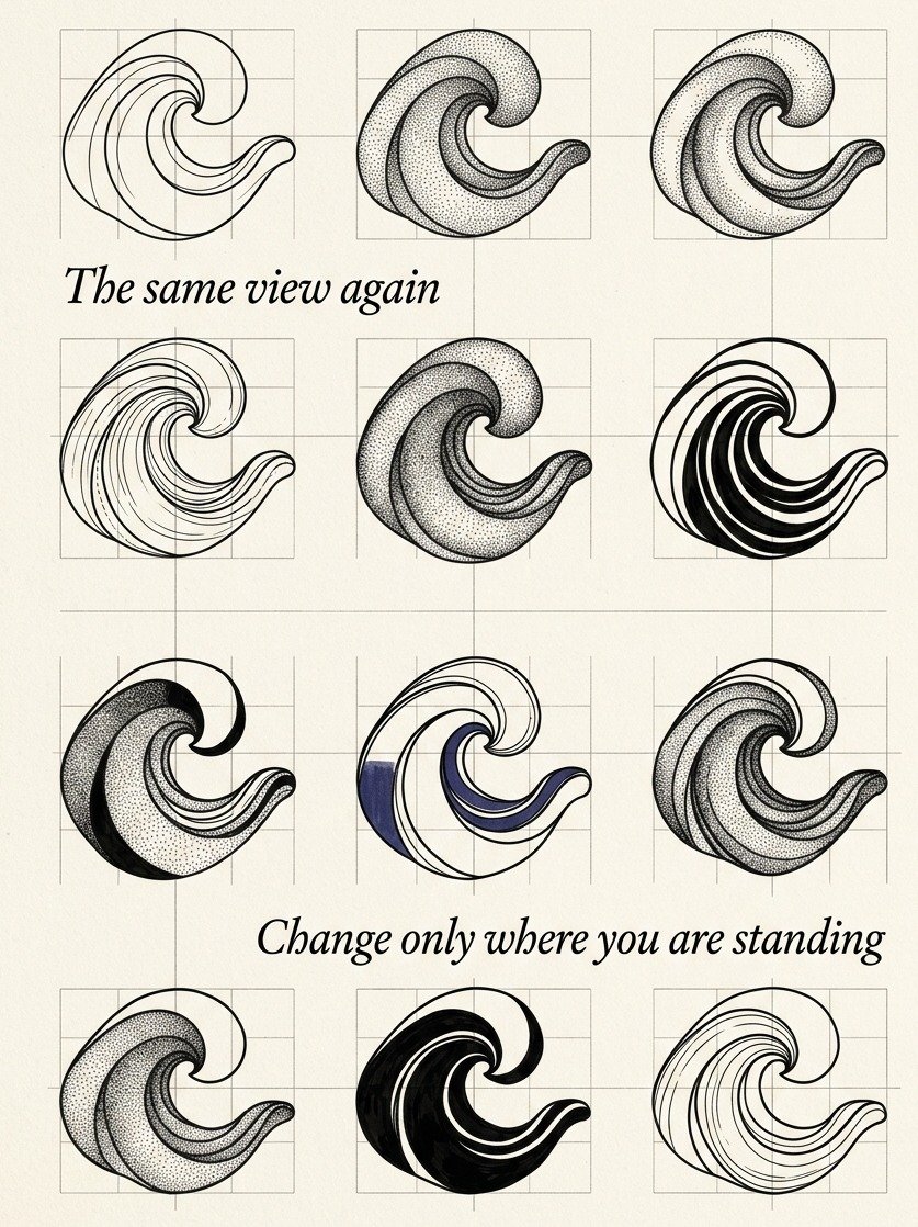 One curling wave shape drawn twelve times, each filled a different way