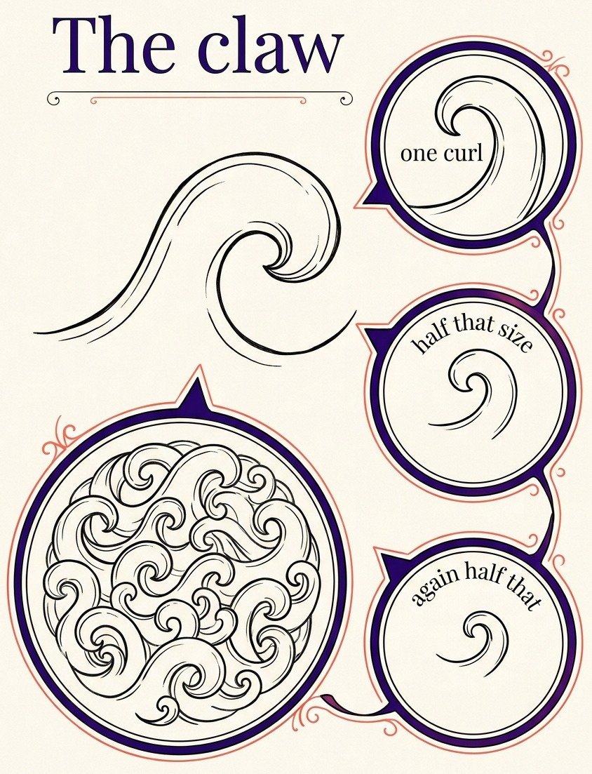 One curled wave-crest mark drawn at three sizes and packed into a filled circle