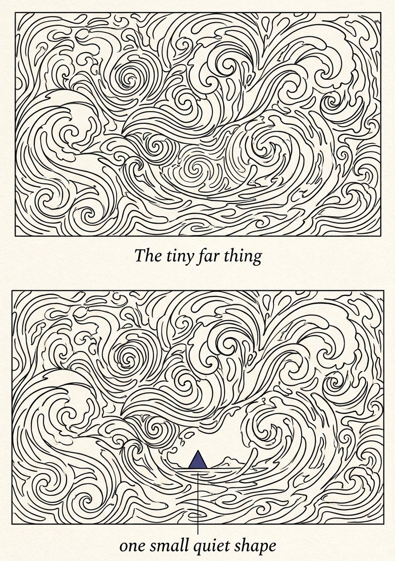 The same busy ink drawing shown twice, the second with one small quiet shape added at the horizon