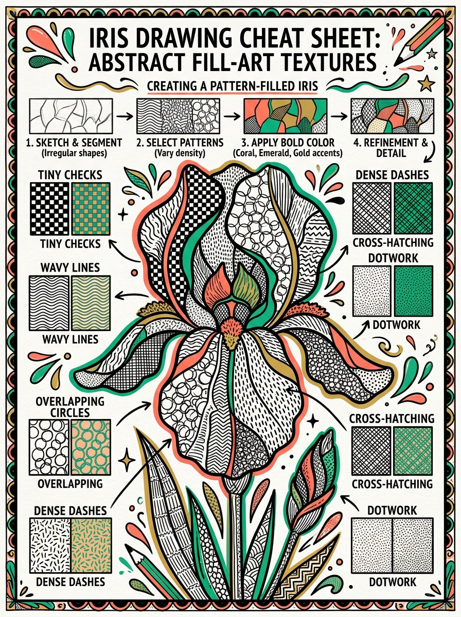 A fill-texture cheat sheet showing an iris broken into segments each holding a different pen pattern