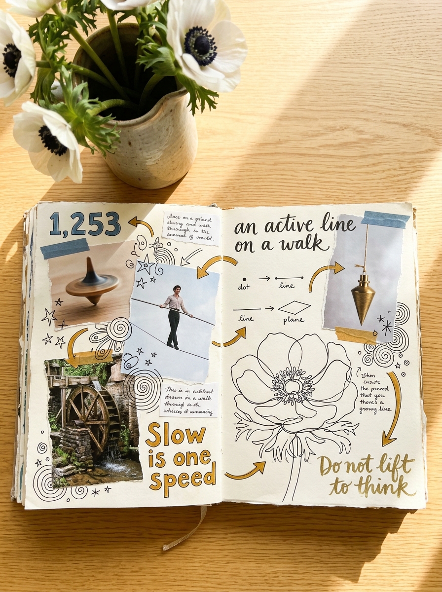 An open art journal spread packed with pasted cut-outs, washi tape and hand-lettered notes about drawing one continuous line, beside a jug of anemones