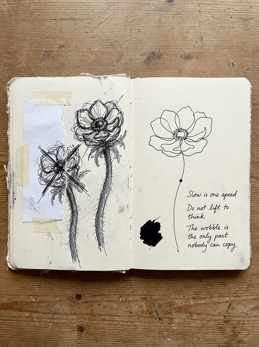 An open artist notebook on a wooden table with two anemones scribbled over and one drawn in a single clean line