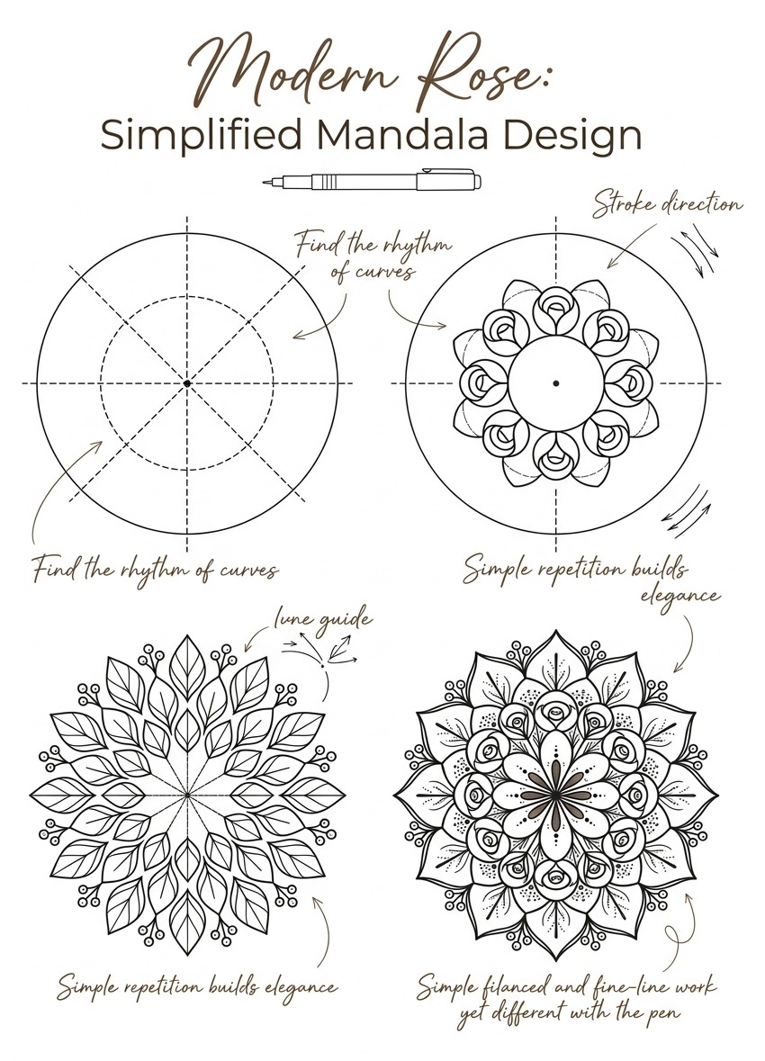 Modern rose mandala design guide from the collection