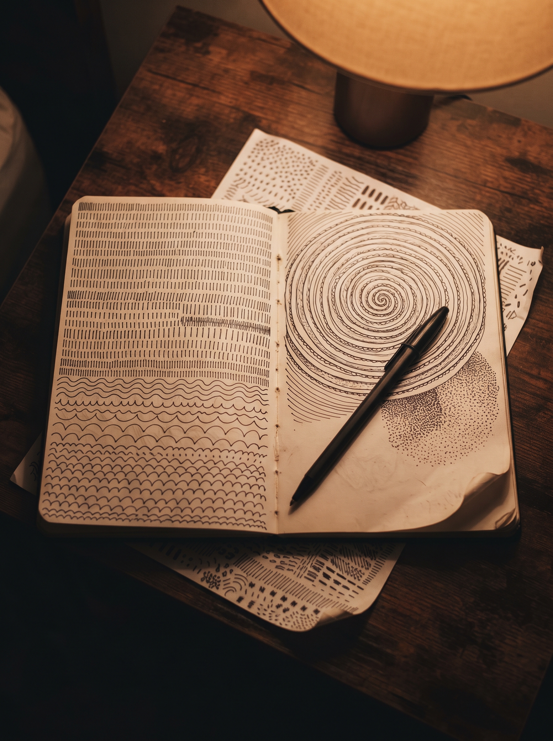 An open notebook on a bedside table covered in repeated ballpoint dashes, scallops and one long spiral