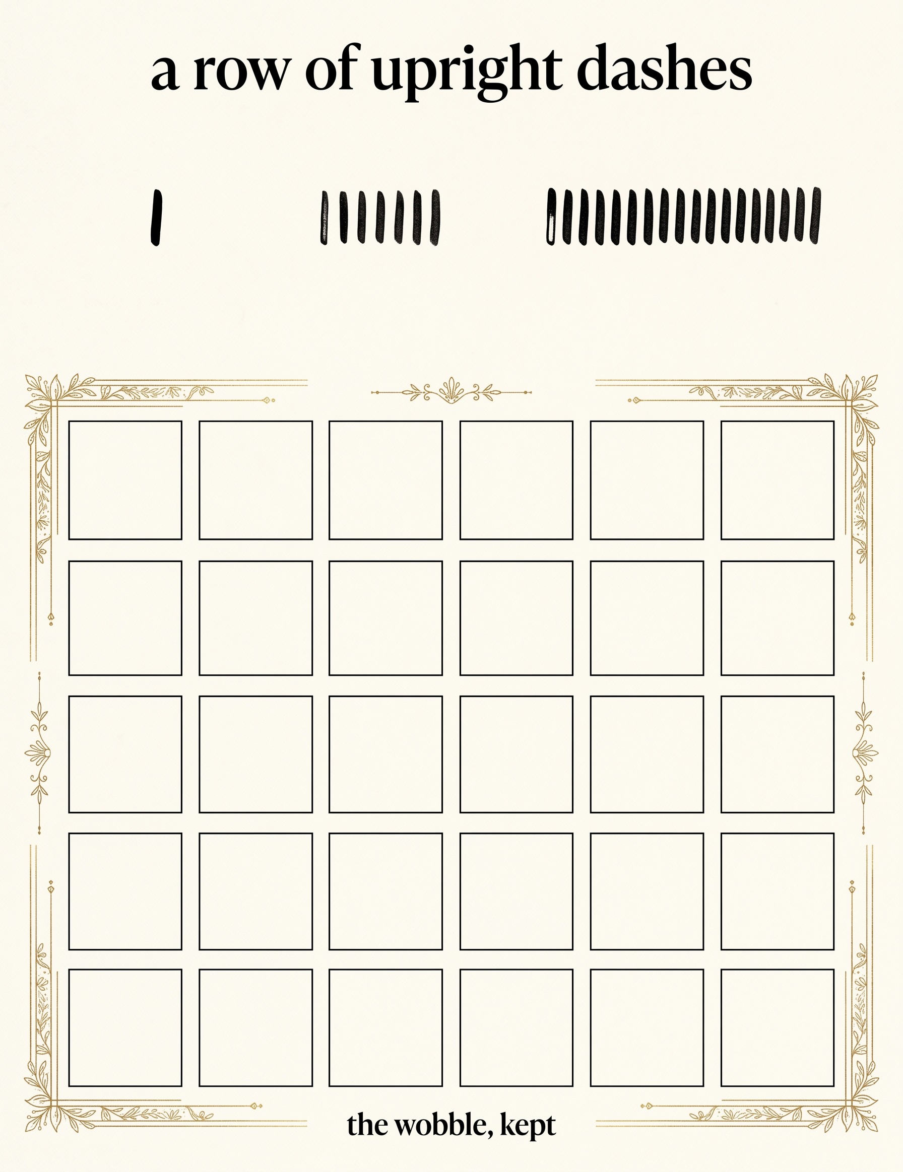 A thirty square habit tracker for meditative drawing with a three step guide to a row of dashes