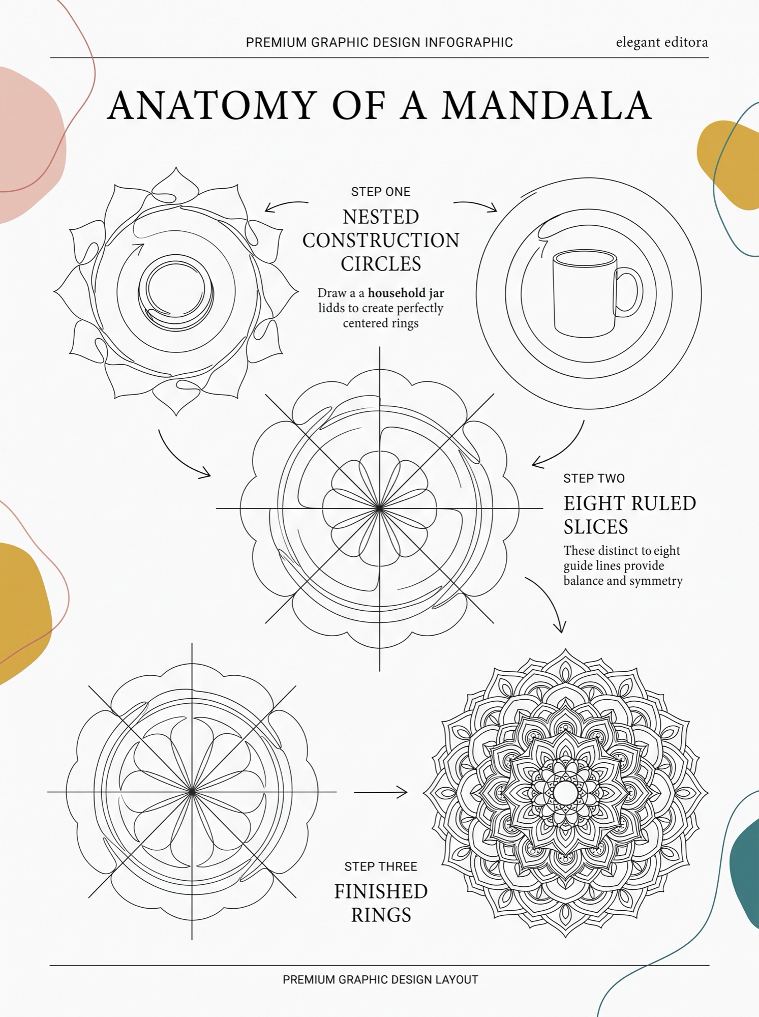 Anatomy of a mandala - nested construction circles, eight ruled slices, finished rings