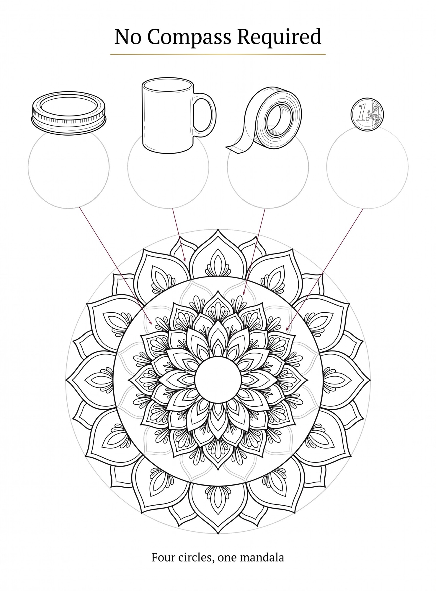 How to draw a mandala without a compass using a jar lid, mug, tape roll and coin