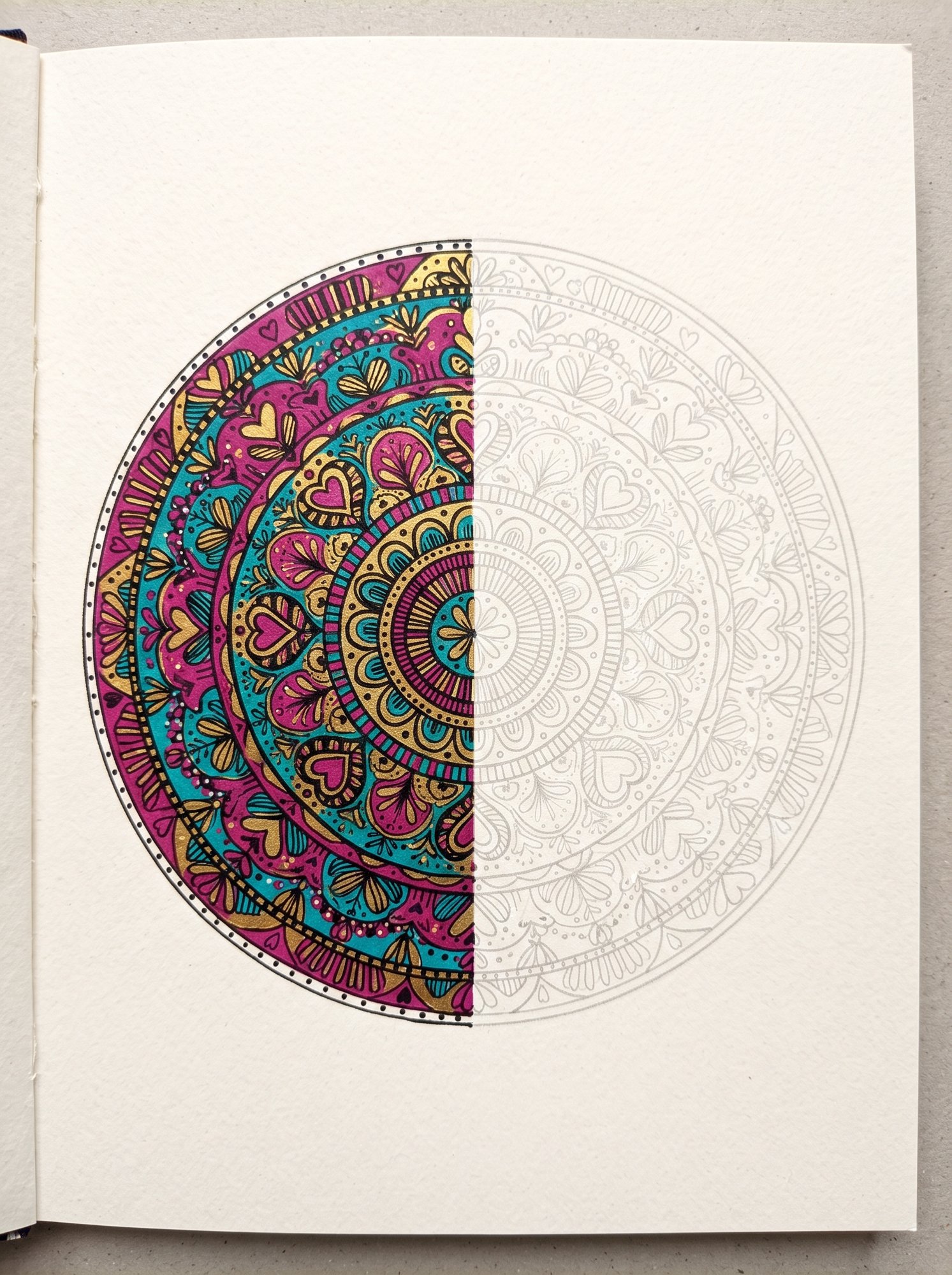 Half-coloured folk art mandala with the second half left as a guide