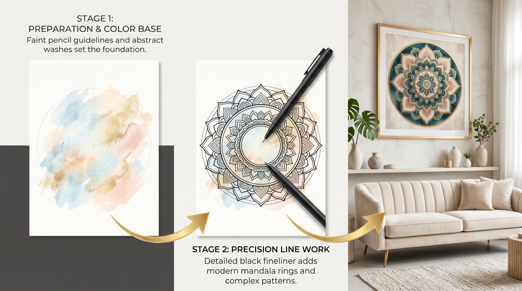 A mandala from pencil circles to fineliner rings to a framed piece on the wall