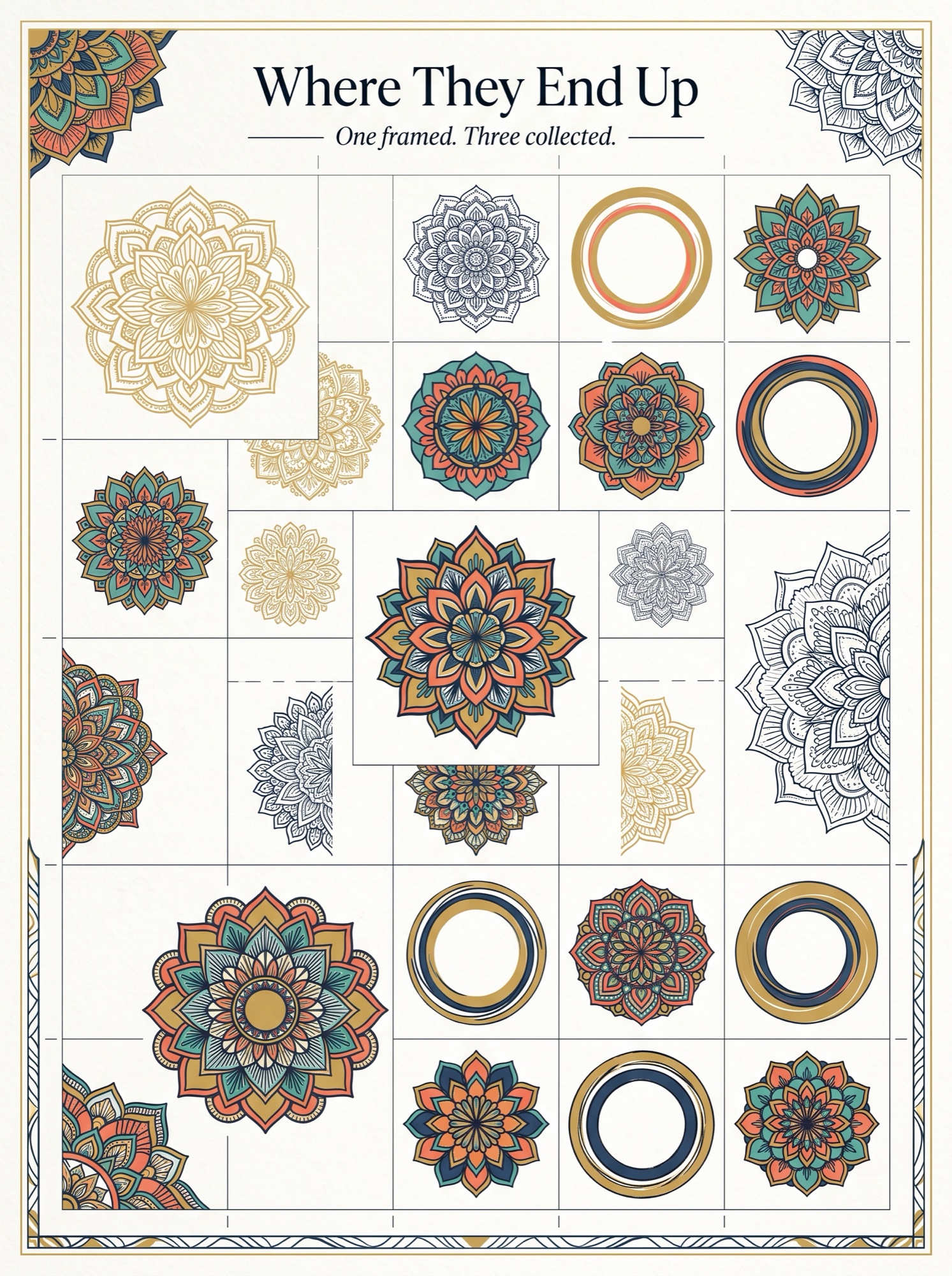Where mandalas end up - a grid of framed mandala pieces to cut out and arrange