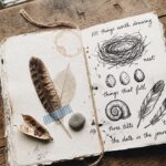 An open nature journal with a feather taped in, a pressed leaf, a seed pod and ink drawings of a nest and three eggs