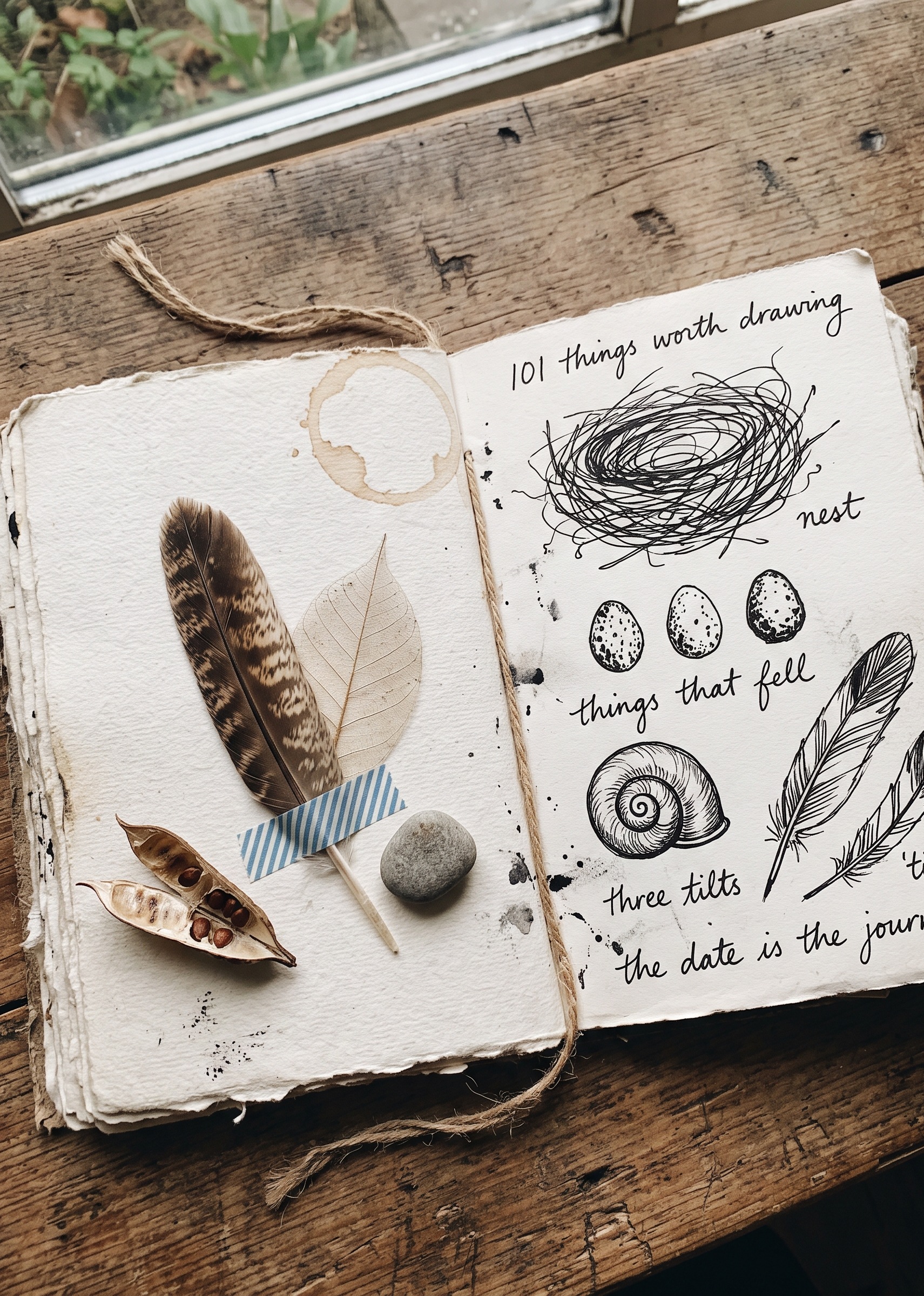 An open nature journal with a feather taped in, a pressed leaf, a seed pod and ink drawings of a nest and three eggs