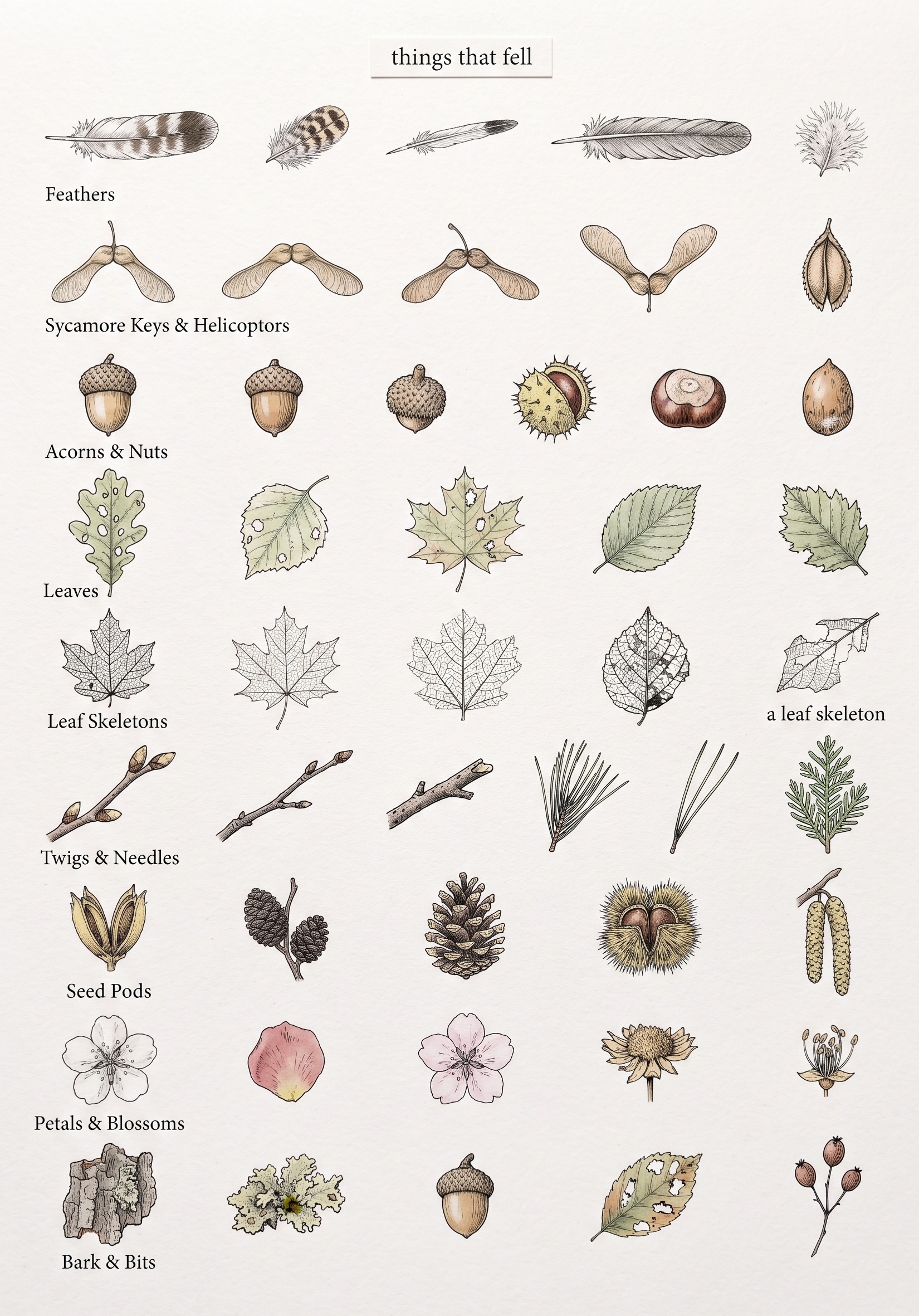 Chart of things that fall from trees drawn for a nature journal: feathers, keys, acorns, leaf skeletons and seed pods