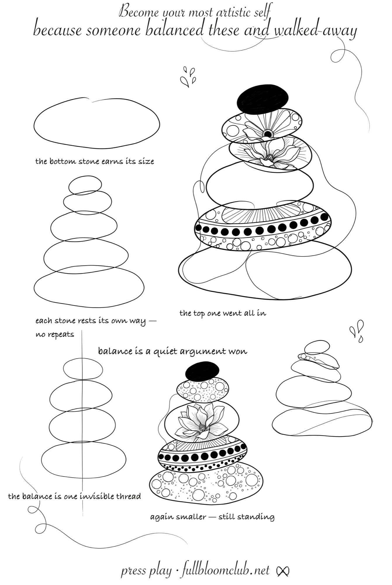 Nature journaling worksheet showing five stones drawn in line with handwritten notes on weight