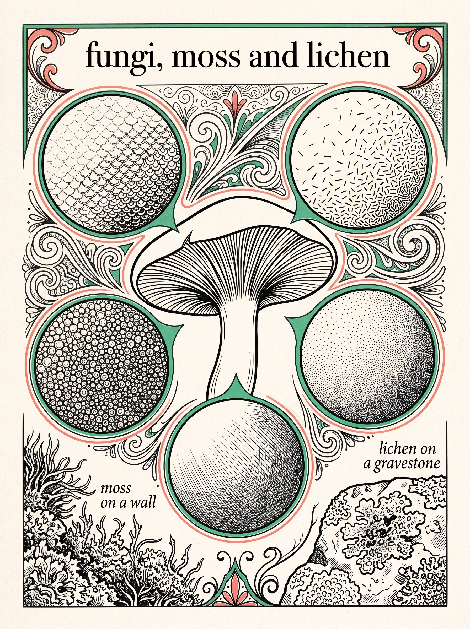 Nature journaling reference page showing mushrooms, moss and lichen as line and dot textures