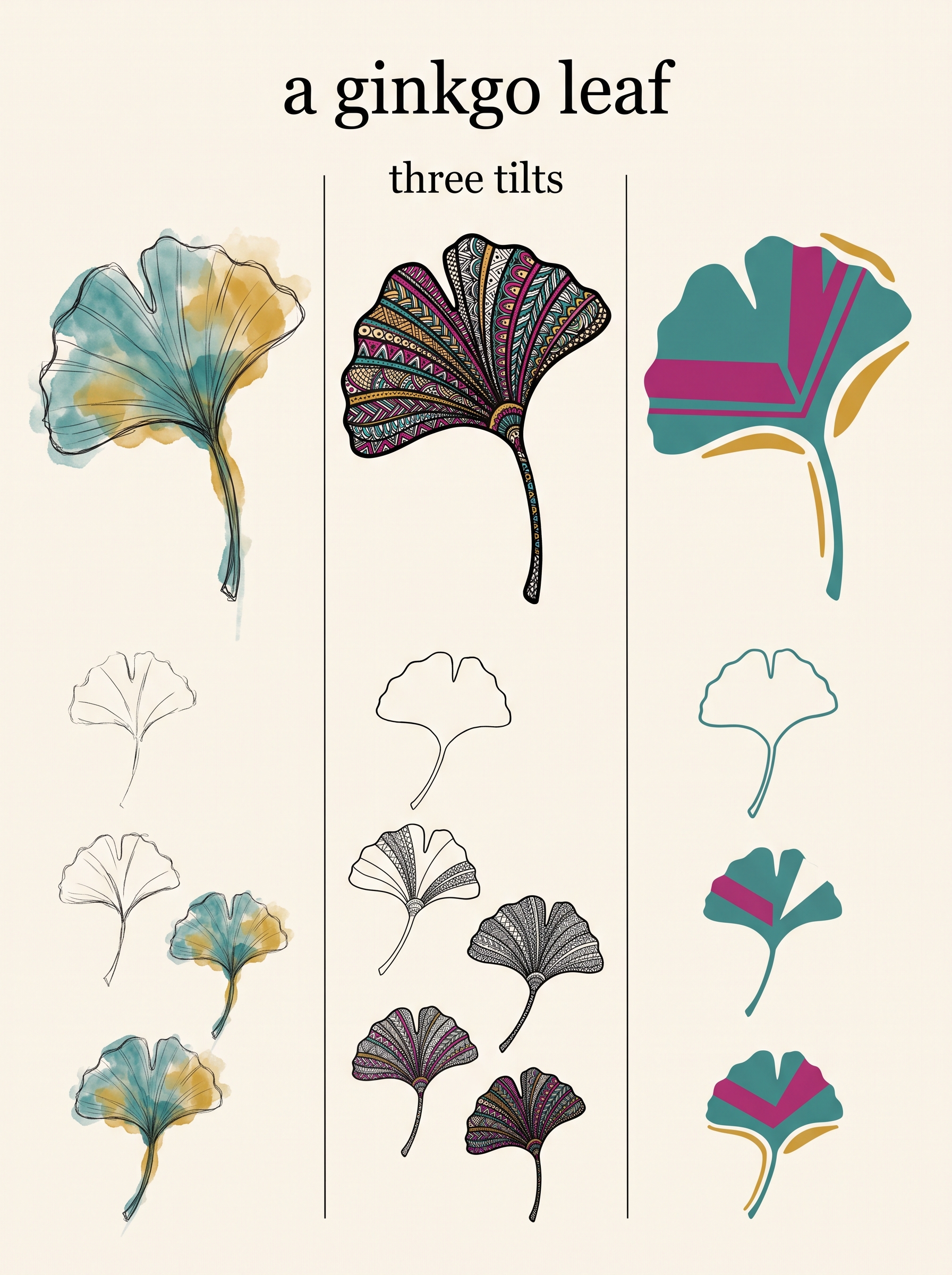 Three ways to draw one ginkgo leaf for a nature journal: line and wash, maximalist pattern, and flat modern shape