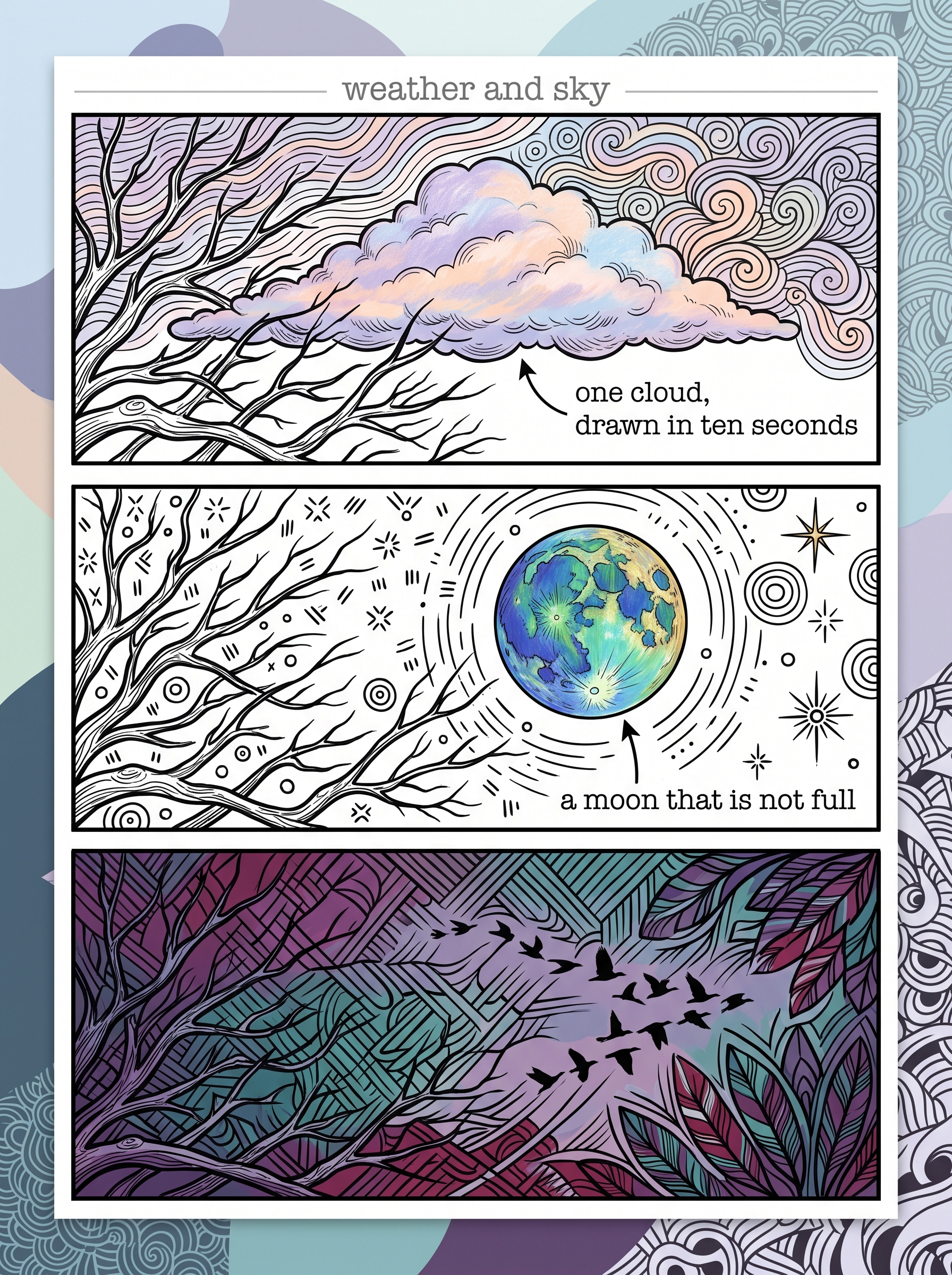 Nature journaling chart of clouds, moon phases and bare branches recorded over several days