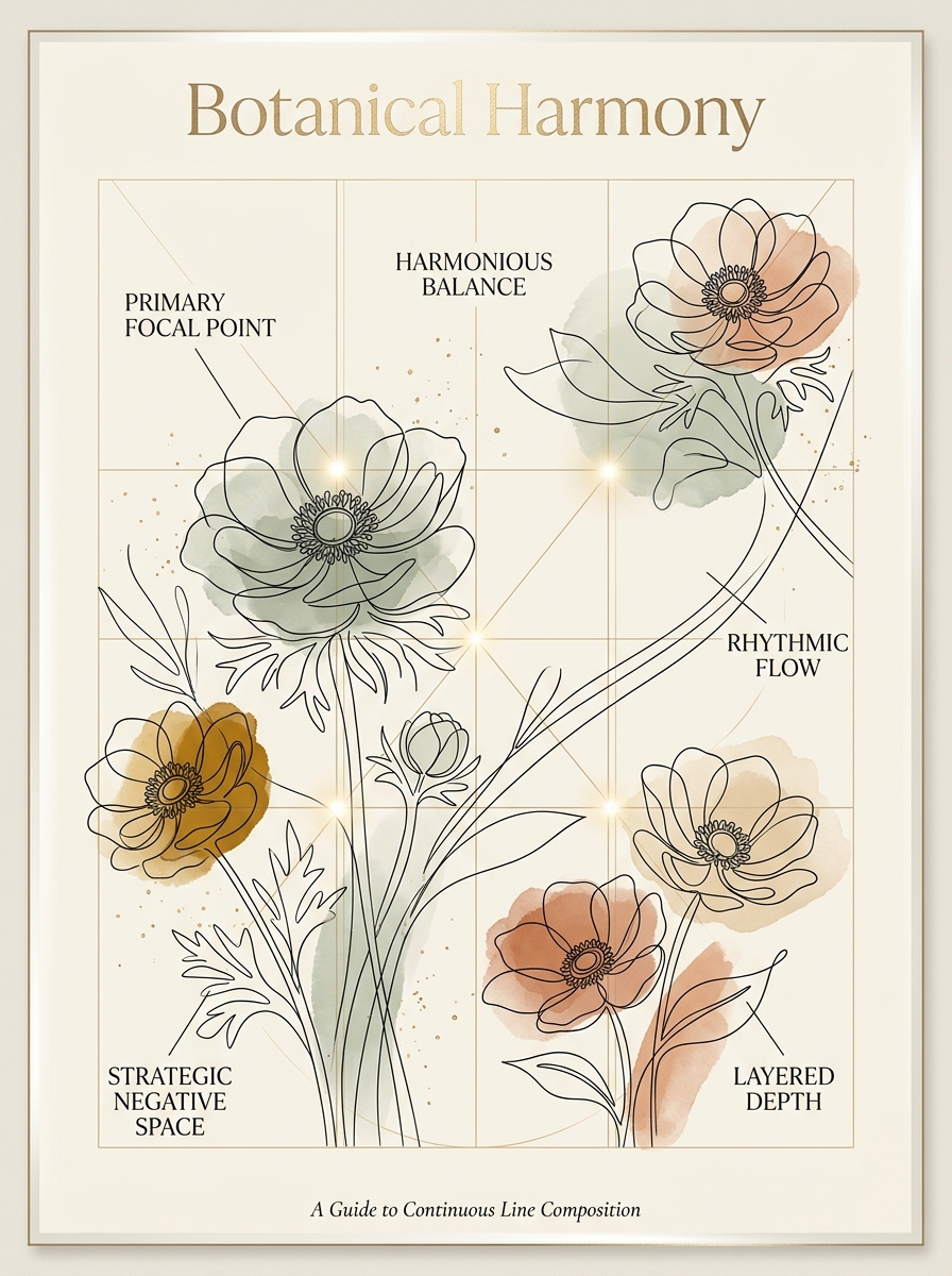 A composition diagram showing where a one-line flower sits on the page