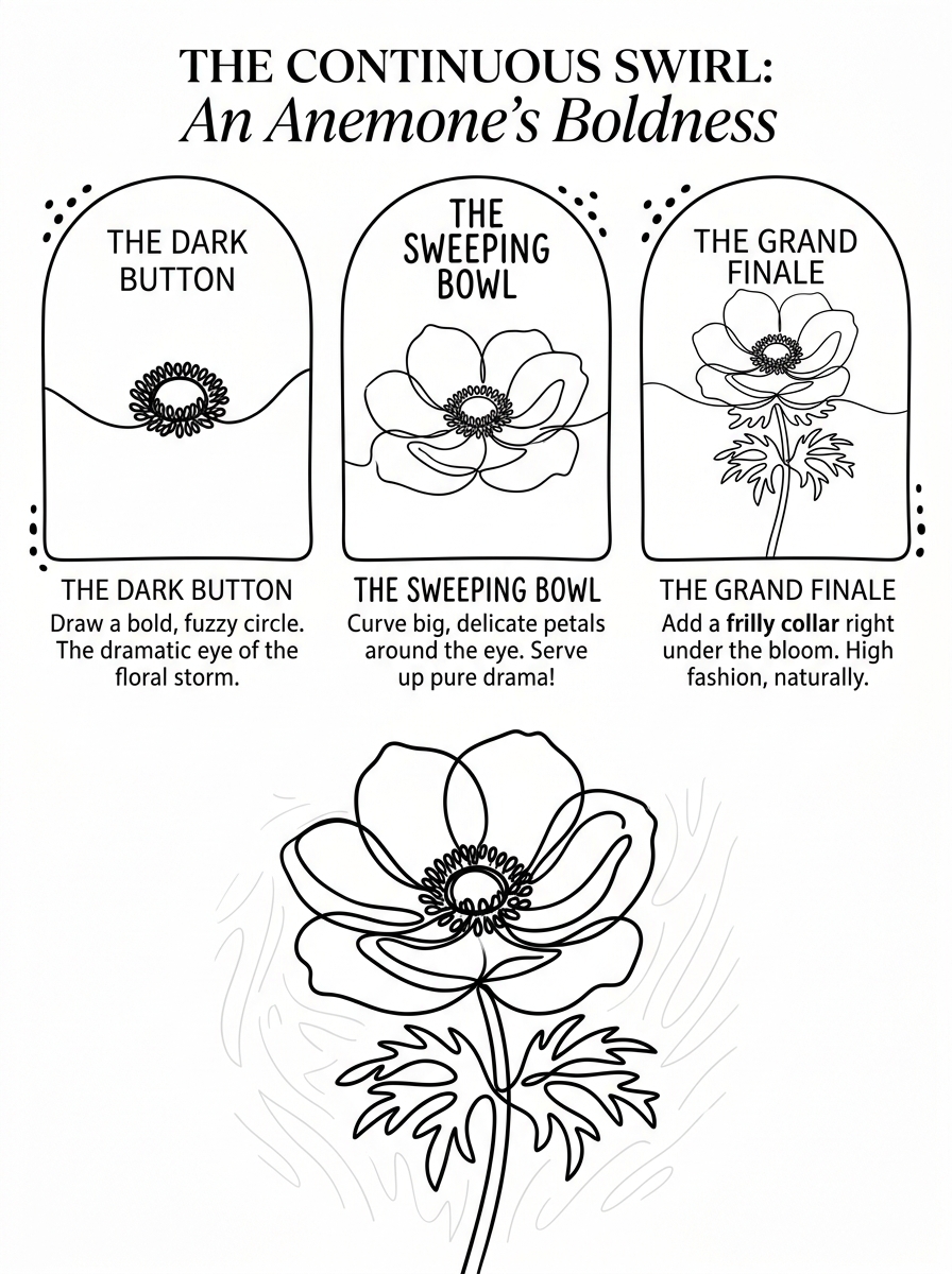 Line drawing for beginners: a one-line anemone worksheet marked where the pen starts and finishes