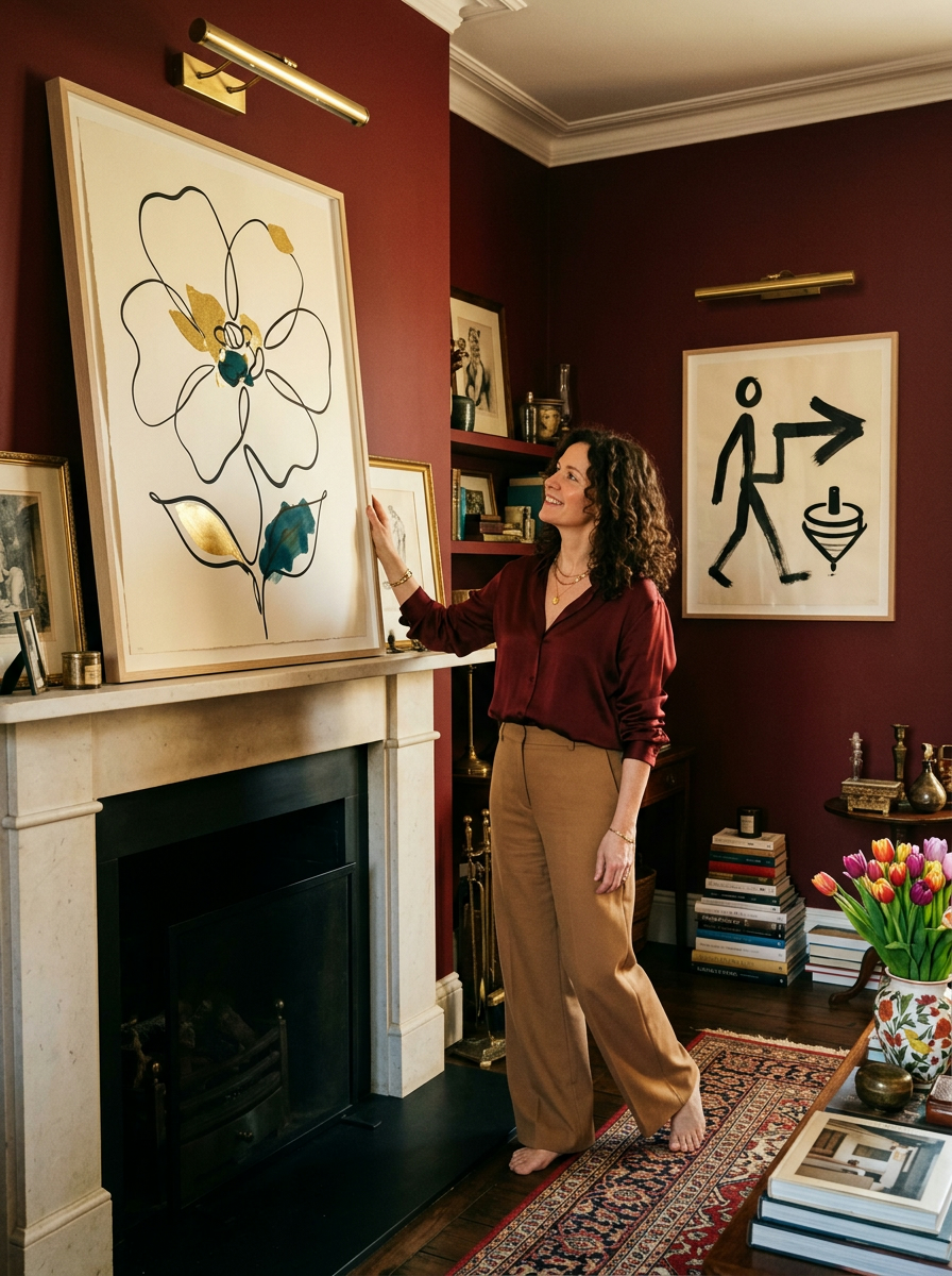 A woman stepping back from a large one-line flower propped on a mantel in an oxblood room