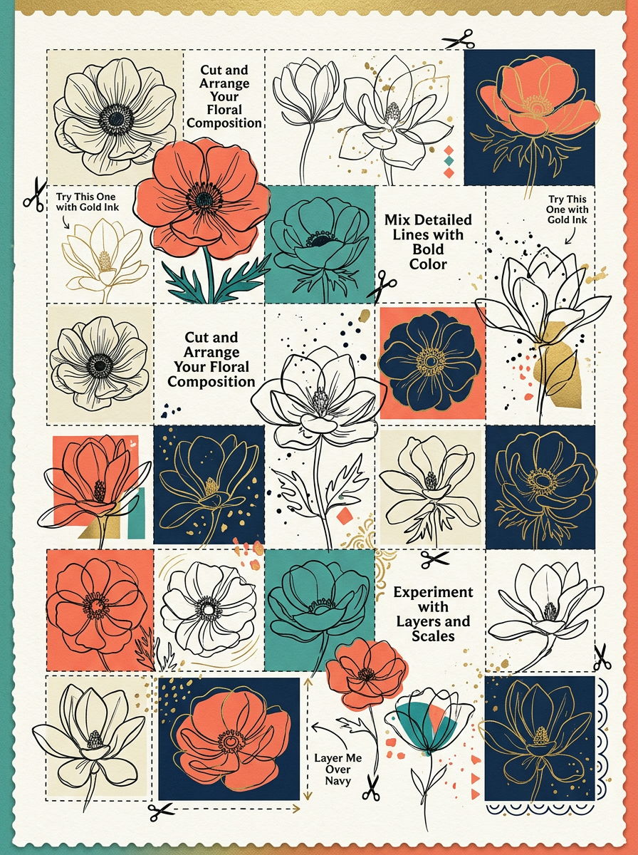 A wall art grid of one-line flowers drawn at different sizes and angles