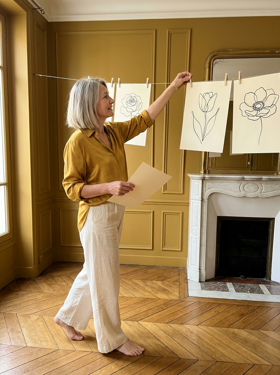A woman pegging one-line flower drawings along a line strung across a picture rail in a mustard panelled room