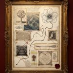 A gilt-framed museum map panel collaging an orrery, a river delta, a labyrinth and railway tracks, with a single ink route ending at one unbroken flower