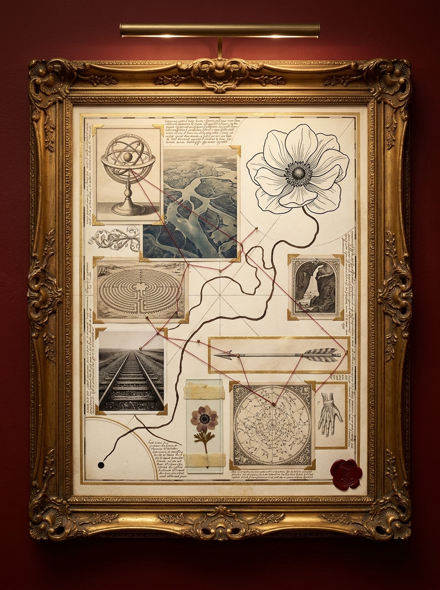 A gilt-framed museum map panel collaging an orrery, a river delta, a labyrinth and railway tracks, with a single ink route ending at one unbroken flower