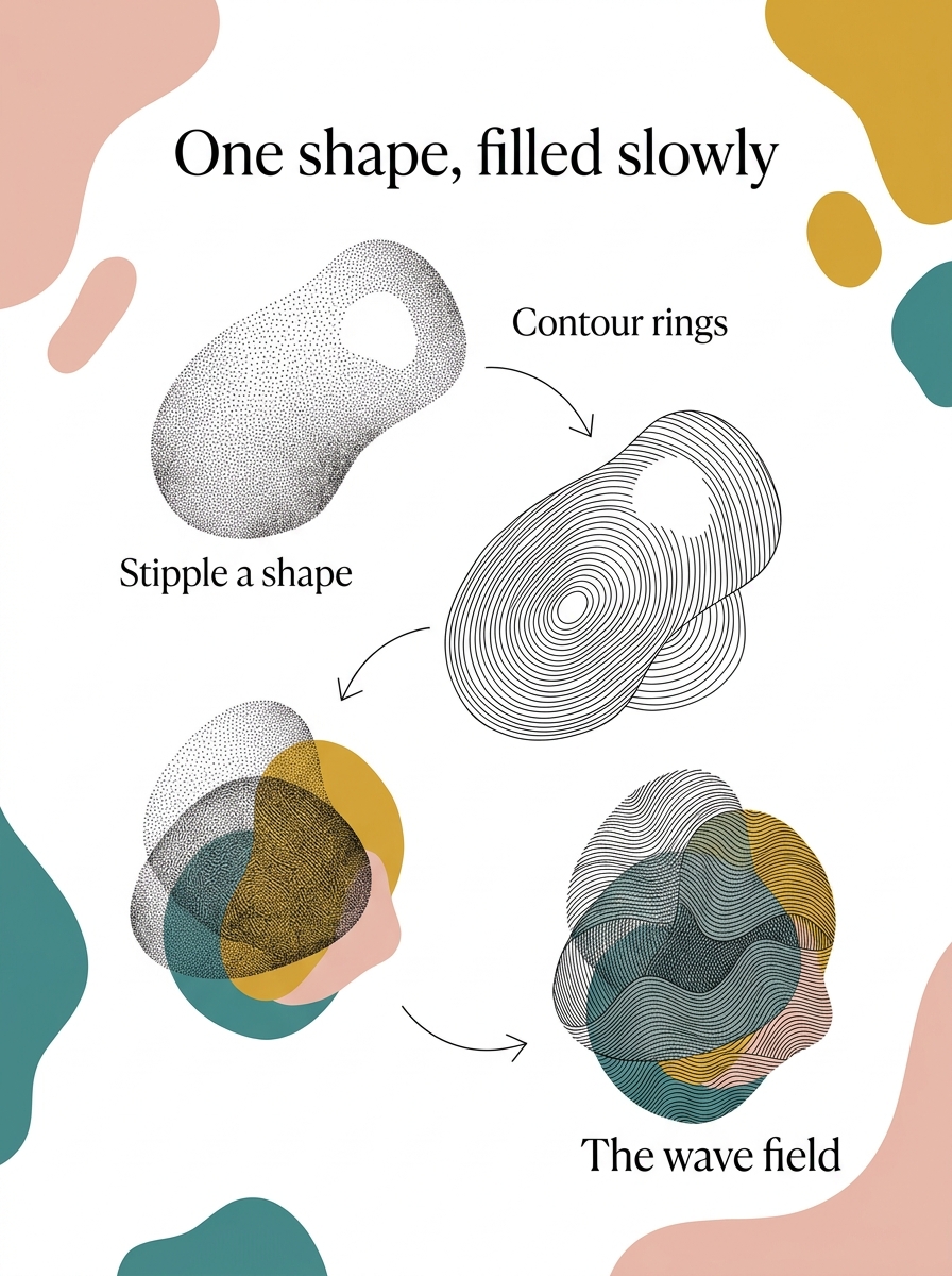 One abstract shape filled three ways: stipple, contour rings and a wave field