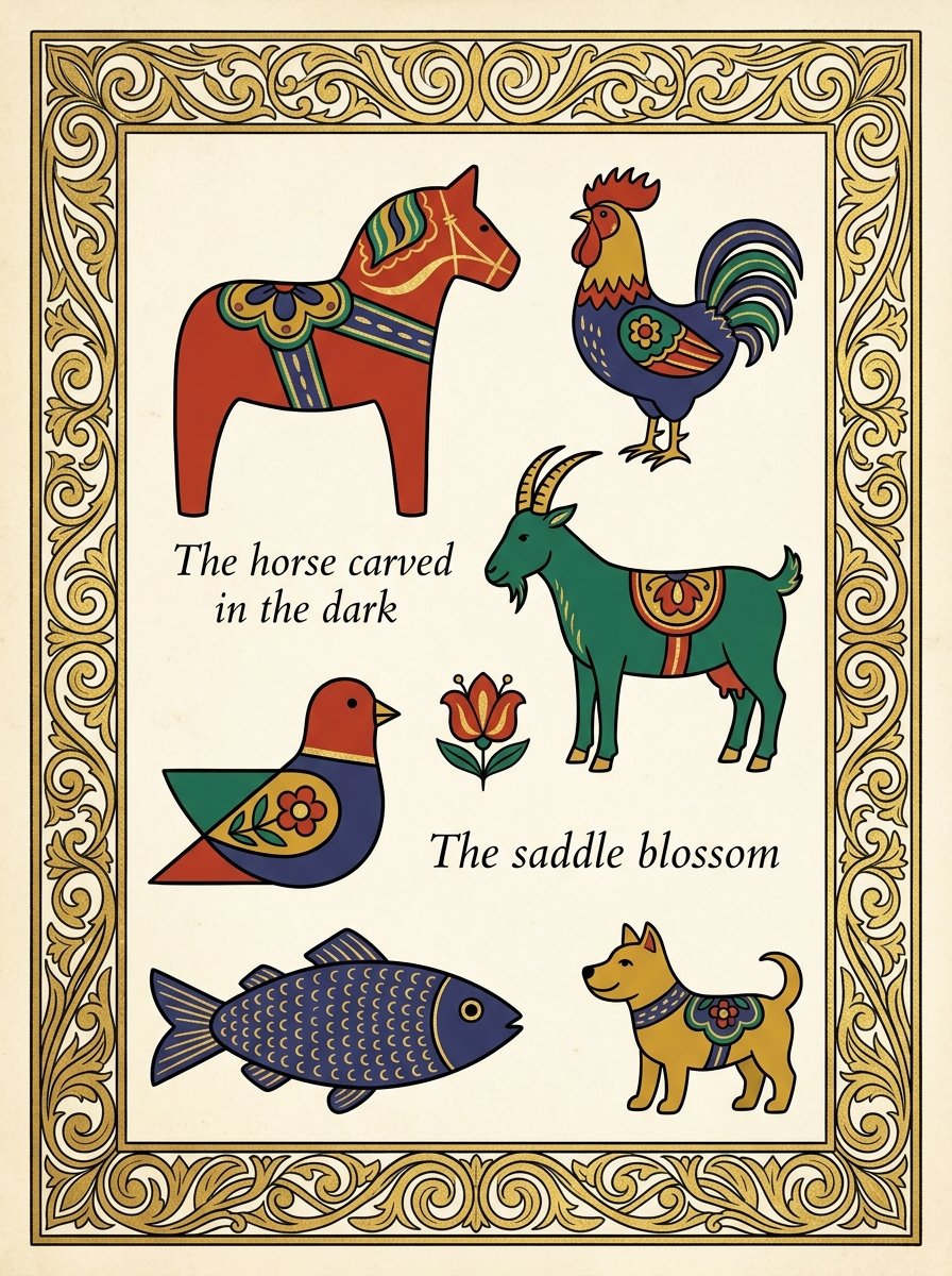 Folk art animals in flat colour: the Dala horse, rooster, goat, sitting bird, fish and small dog