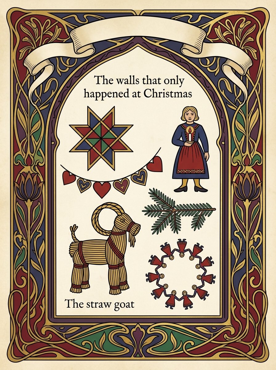 Swedish bonad folk art motifs: the eight-point star, the straw goat, the candle bearer and the heart garland