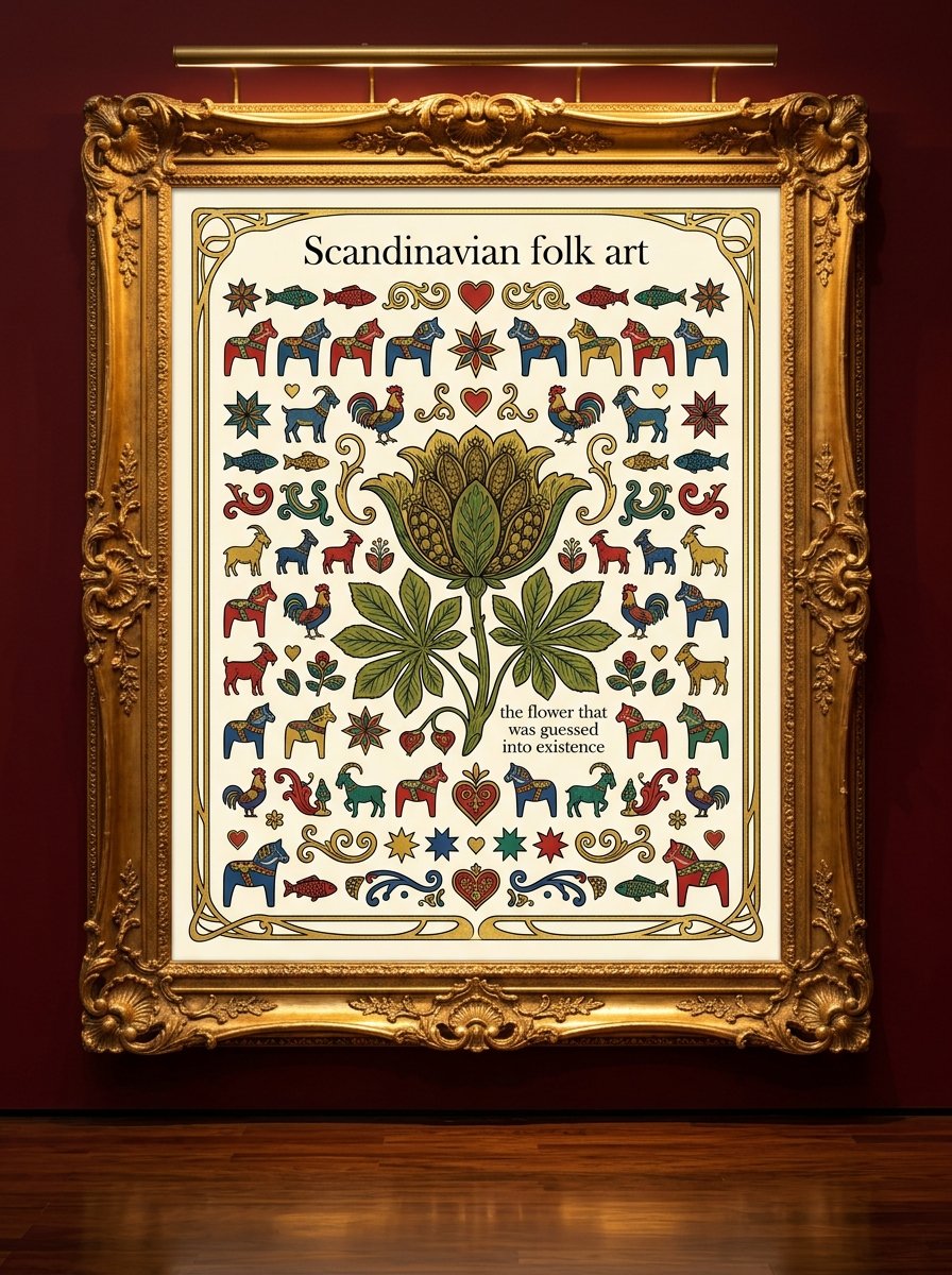 A framed catalogue of Scandinavian folk art motifs with the invented kurbits flower at its centre