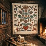 A painted Scandinavian folk panel on the wall of a firelit log cabin, the invented kurbits flower at its centre surrounded by horses, roosters, goats, fish, stars and hearts