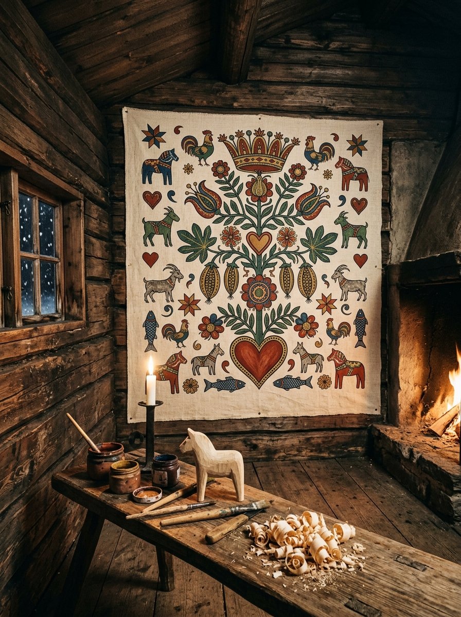 A painted Scandinavian folk panel on the wall of a firelit log cabin, the invented kurbits flower at its centre surrounded by horses, roosters, goats, fish, stars and hearts