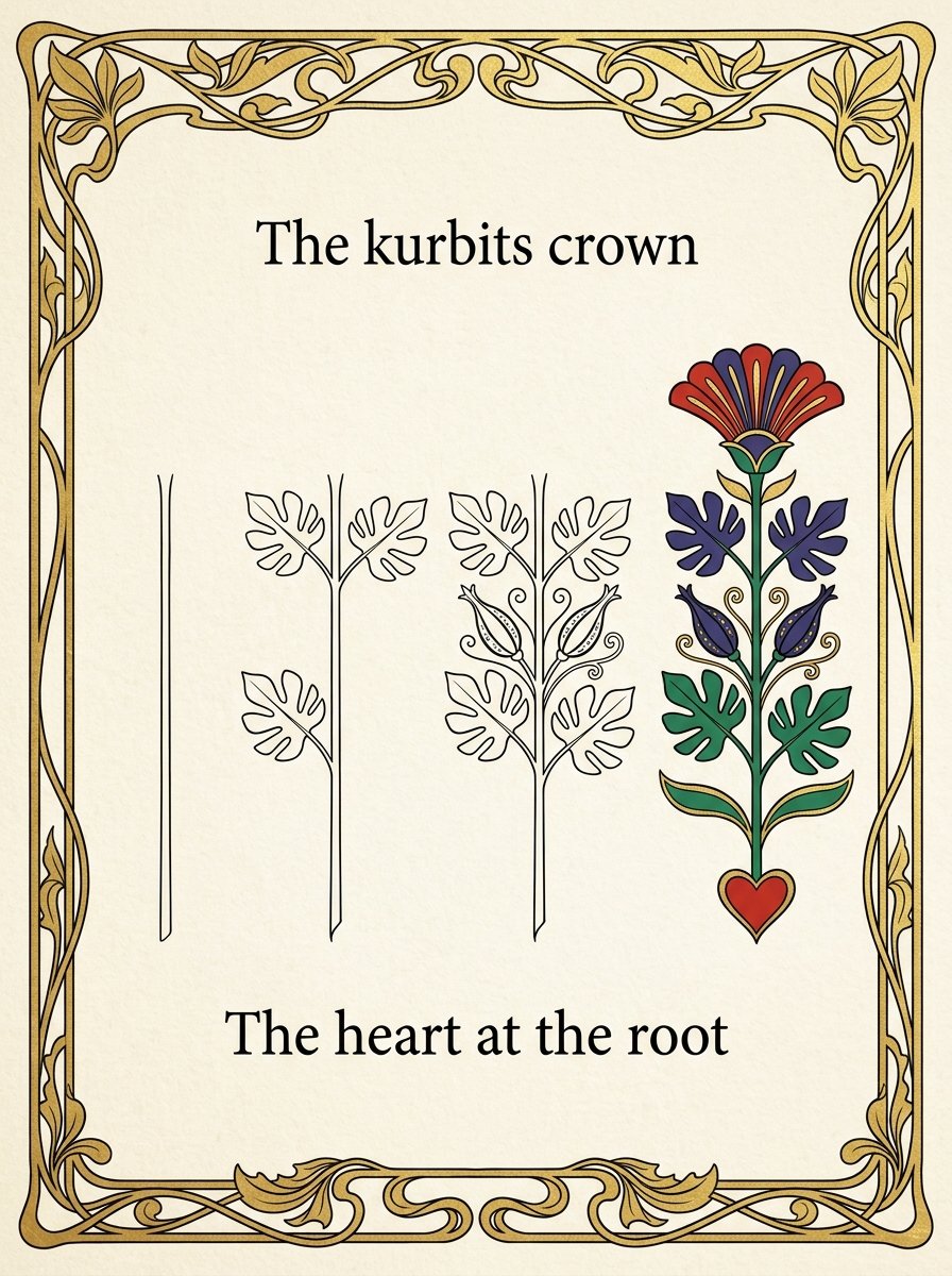 Four stages of a kurbits folk art flower, from bare leaning stem to finished crown