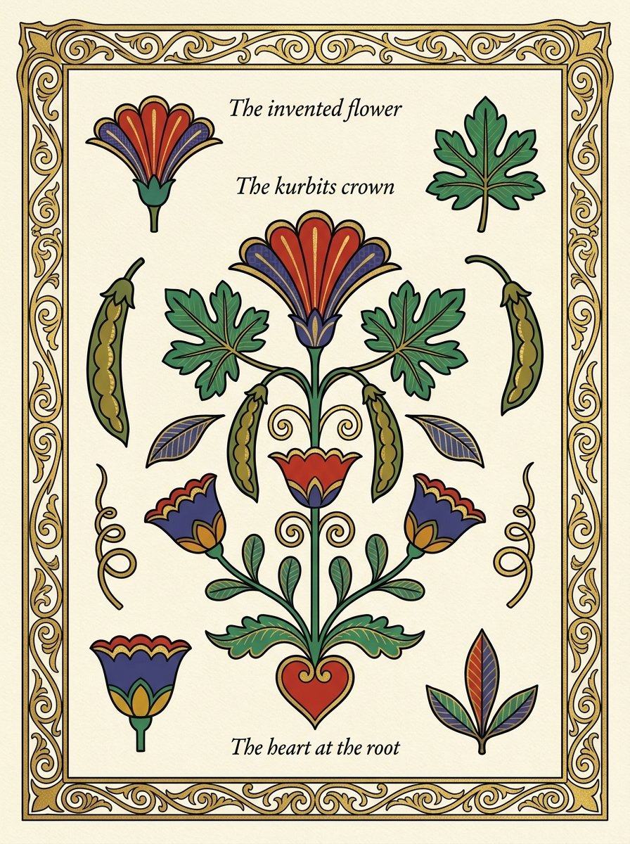 The invented kurbits flower of Swedish folk art taken apart into crown, leaves, pods and the heart at its root