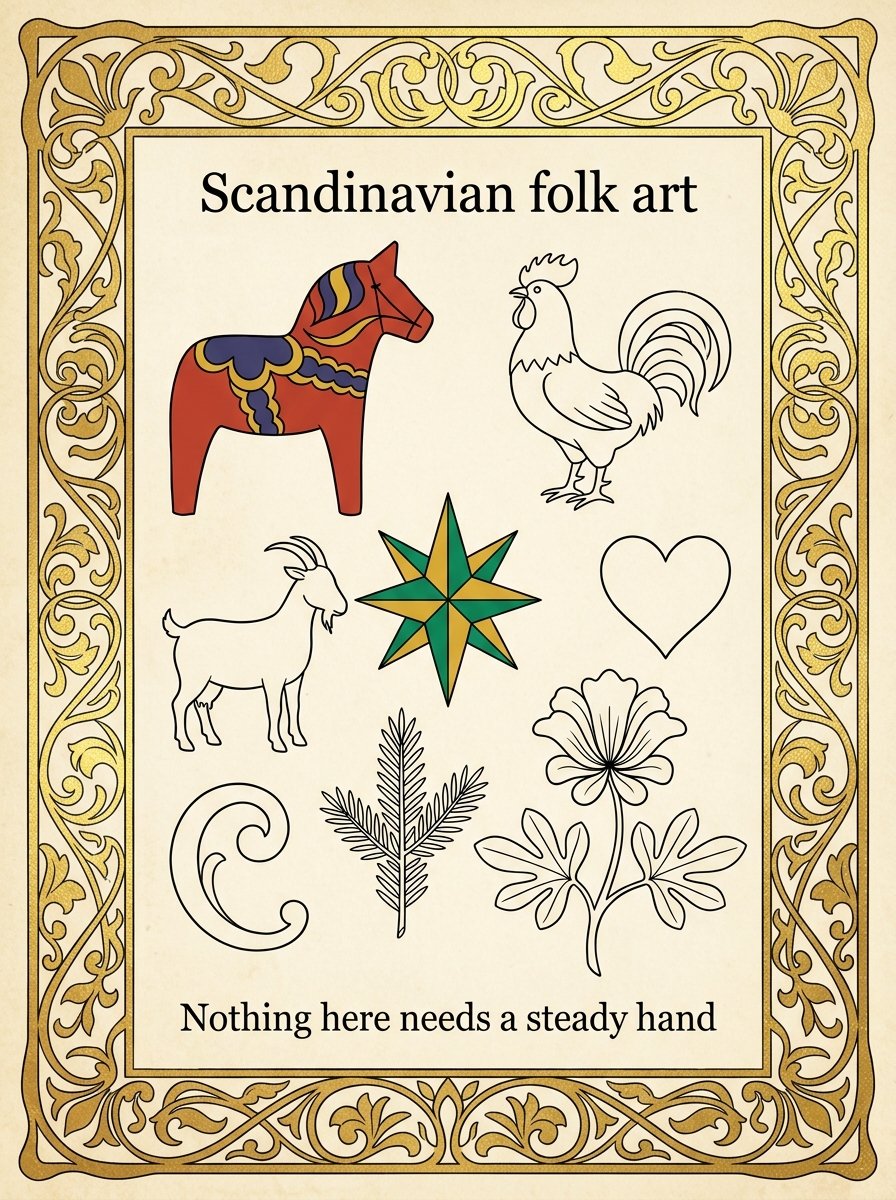 Scandinavian folk art motifs drawn as empty outlines to fill: horse, rooster, goat, star, heart and flower