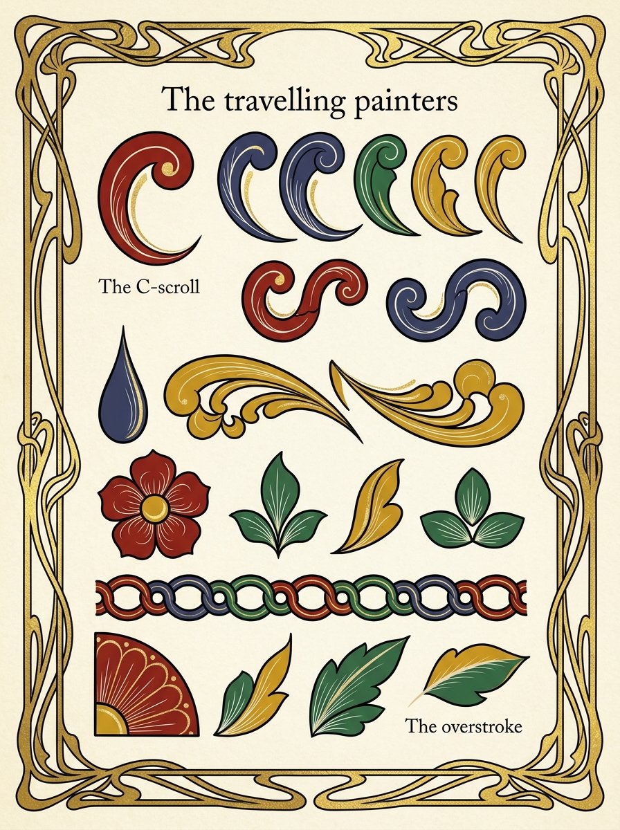 Norwegian rosemaling strokes in the Scandinavian folk art tradition: C-scrolls, S-scrolls, teardrops, rose clusters and the pale overstroke
