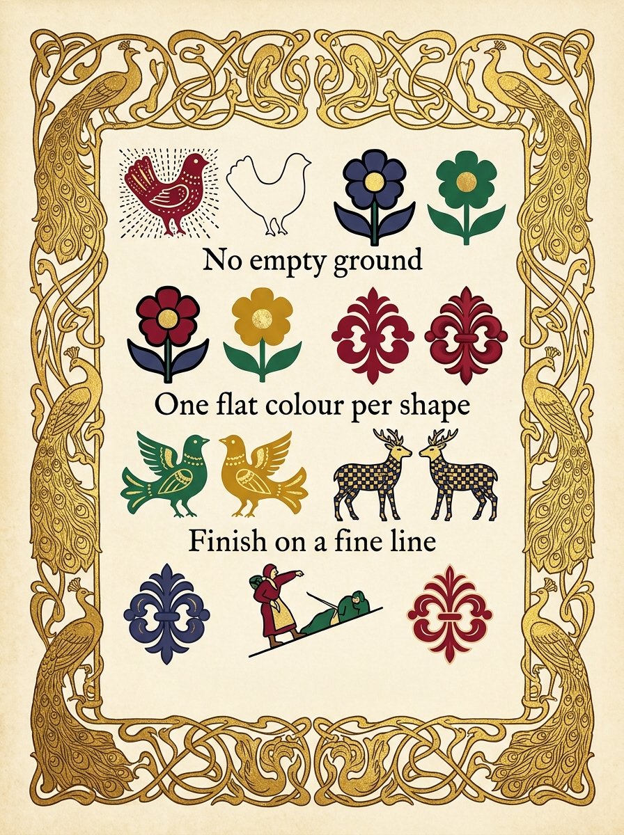 Folk art drawing habits shown side by side: no empty ground, one flat colour per shape, pattern inside the shape