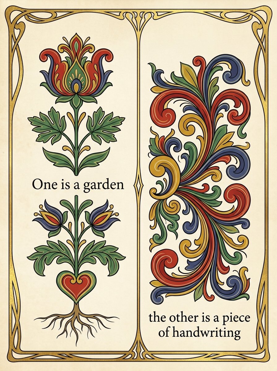 Swedish kurbits growing upward from a root beside Norwegian rosemaling spiralling outward from a scroll