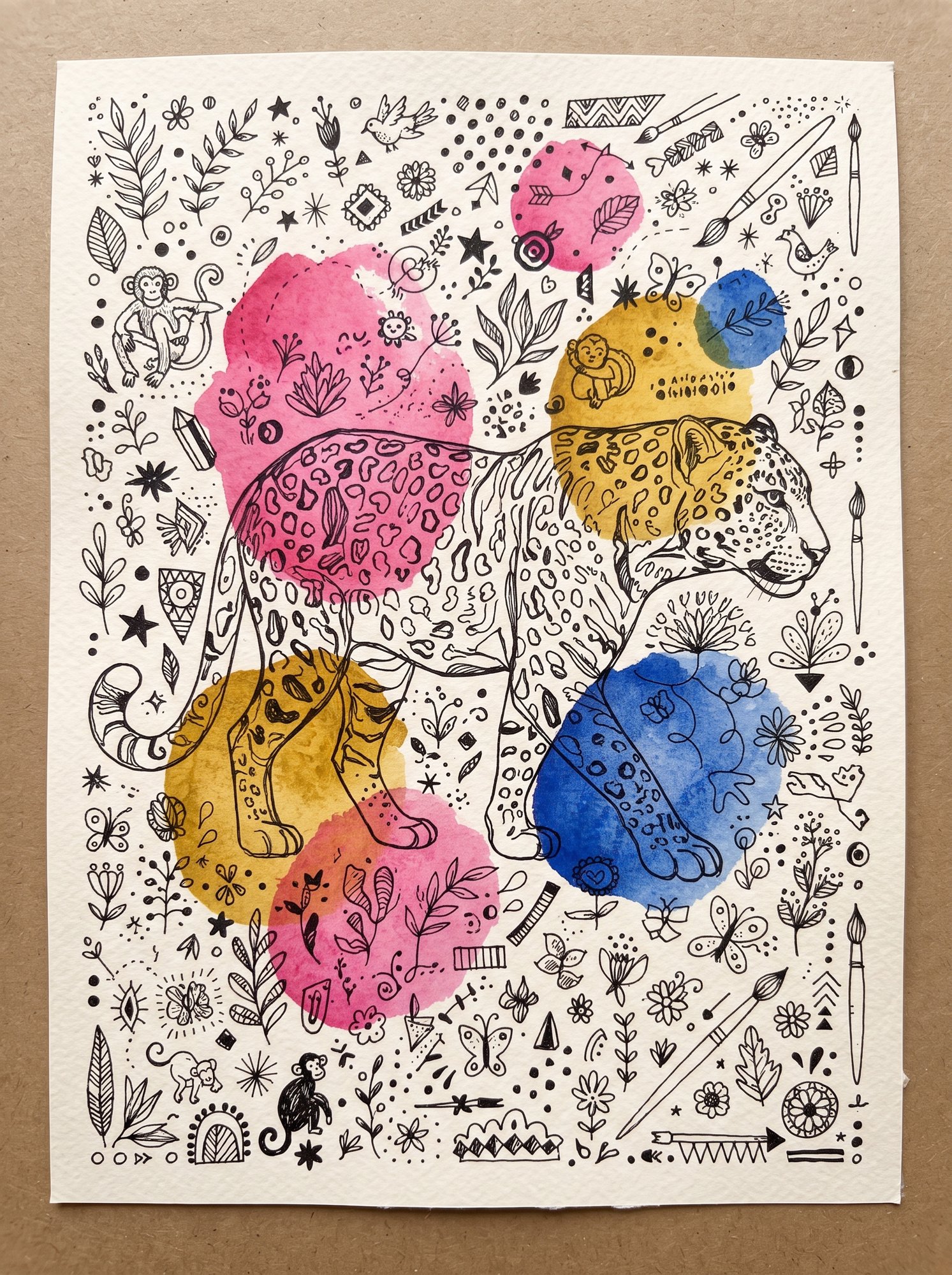 Leopard drawn in one continuous line over pink and cobalt watercolour
