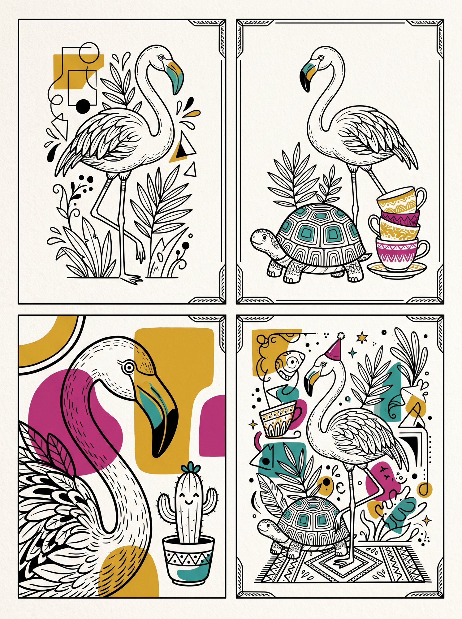 Four flamingo line art panels with mustard and teal colour blocks