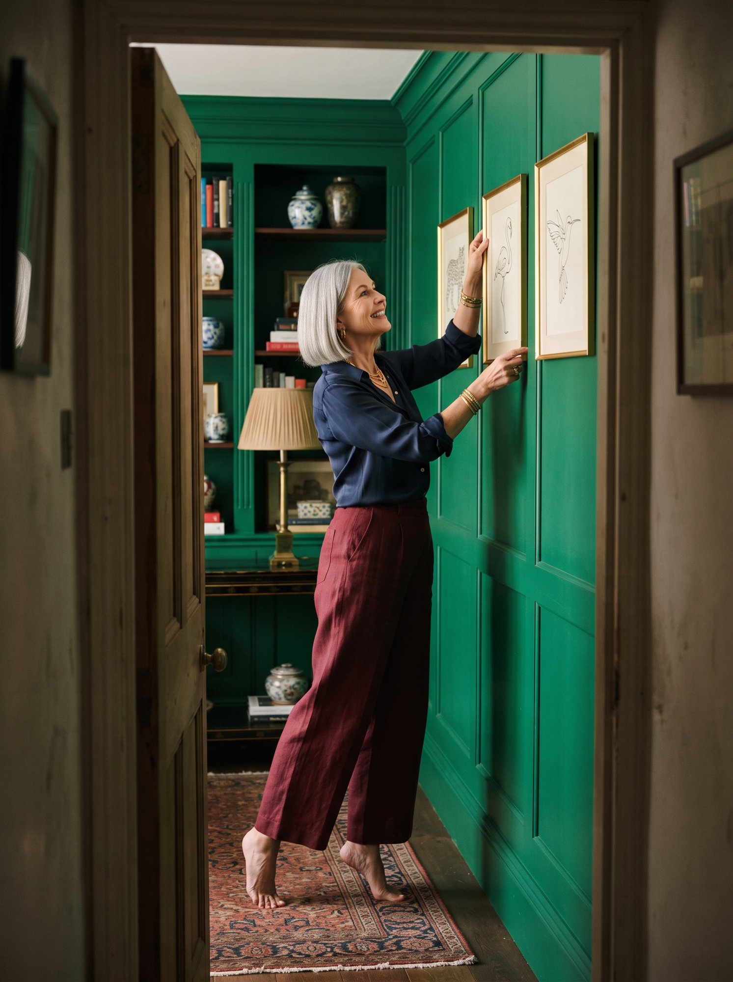Framed one line animal drawings hung in a green panelled hallway